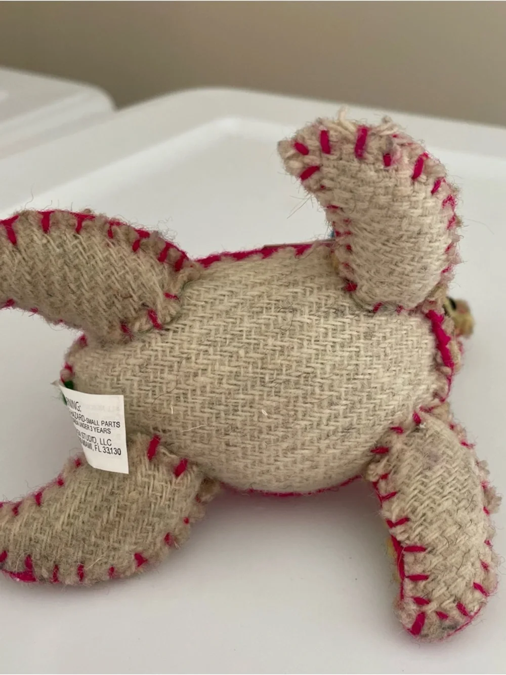 Twoolies Handcrafted Turtle Plush in Natural with Pink and Green Accents Wool